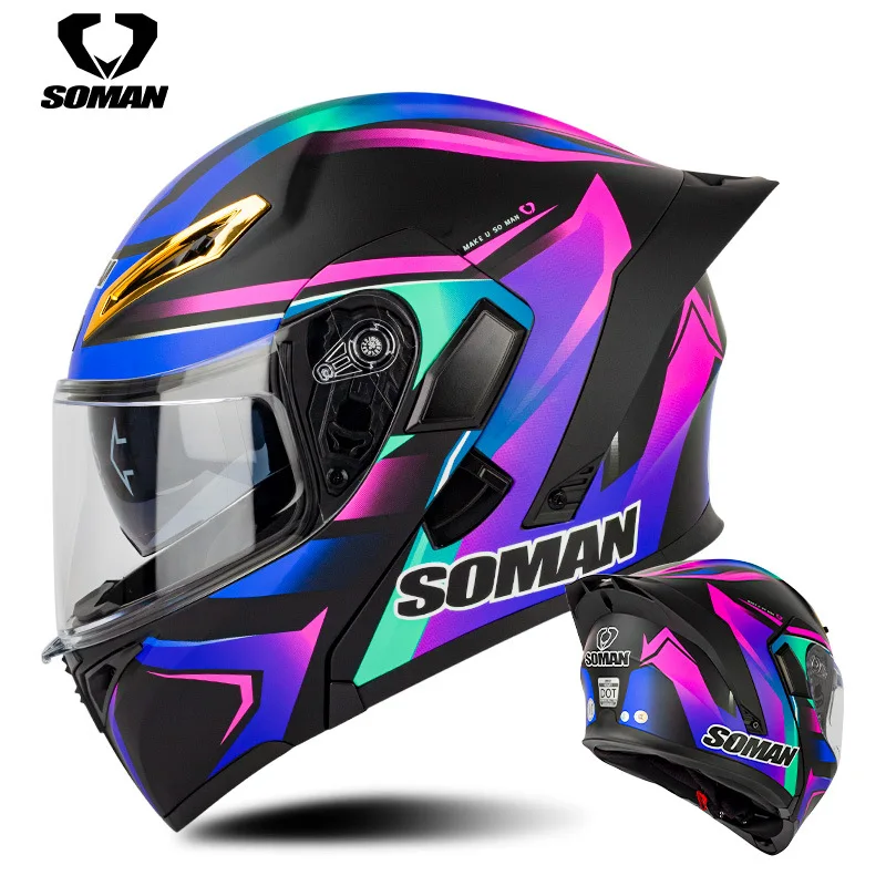 Big Tail Colorful Visor Monster Motorcycle Helmet Men's and Women's Double Lens Flip up Helmet Four Seasons Riding