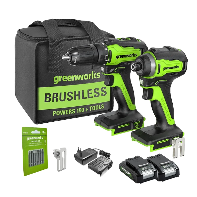 Greenworks 24V Akku-Bohrschrauber-Set (bürstenlos) mit 1/2"-Bohrschrauber und 1/4"-Sechskant-Schlagschrauber, inklusive Werkzeugtasche und 2 x 2-Ah-Akkus_voghion.com