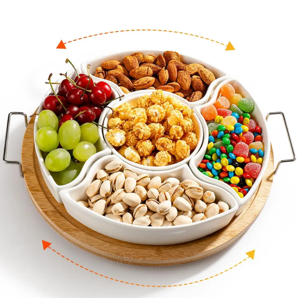 Ceramic Separated Tableware with Bamboo Lazy Susan Serving Tray Rotatable Appetizer Platter for Party Snack Fruit & Nut Storage