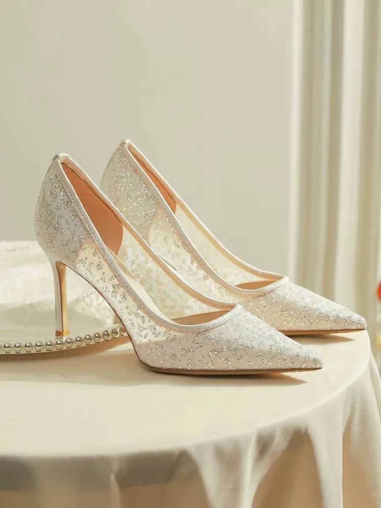 Ladies Bride Shoe Pointed Toe Stiletto Wedding Shoes Set White Lace Mesh 8 Cm Heel Wedding Shoes For Bride - Image 4