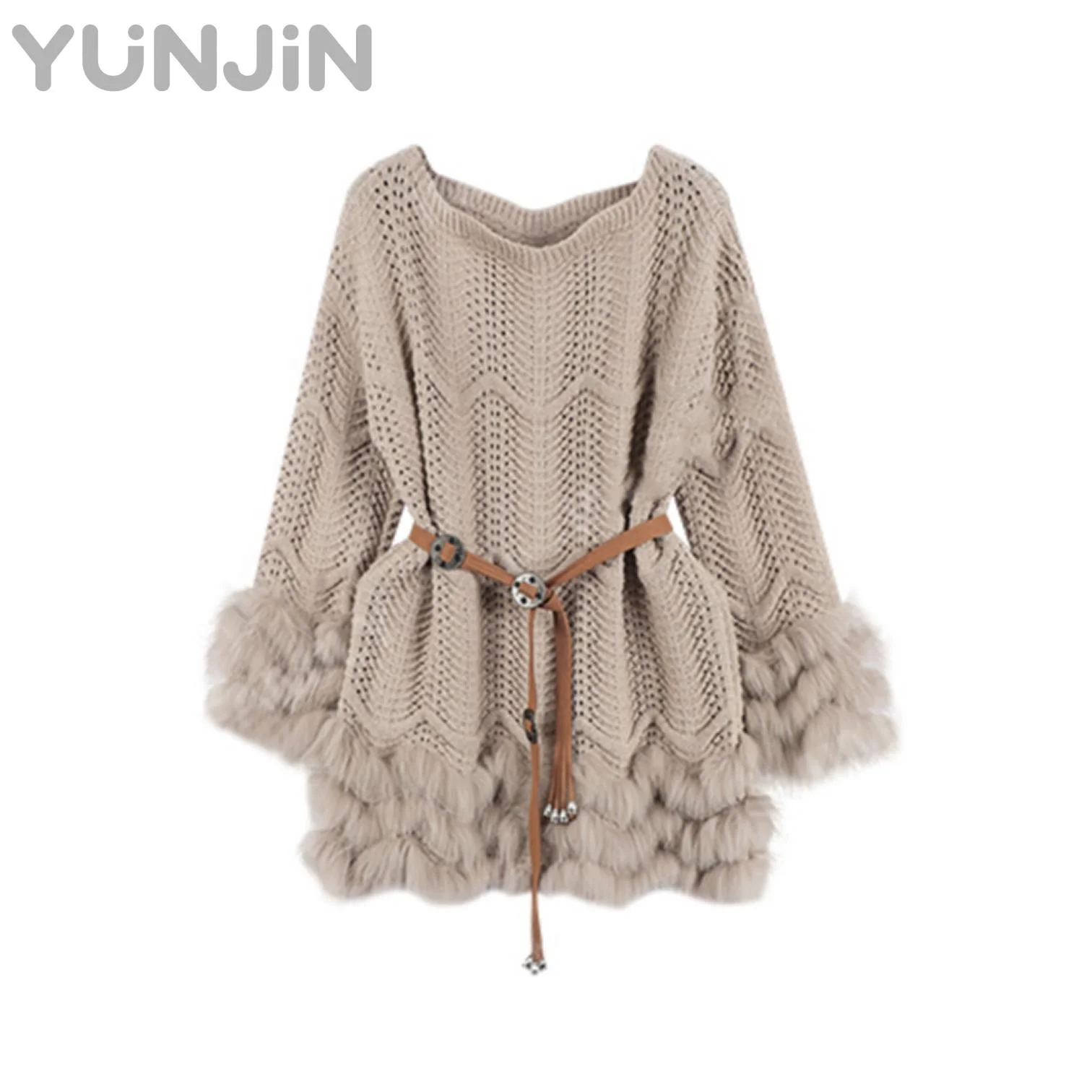 New Design Genuine Fox Fur Trim Knit Sweaters