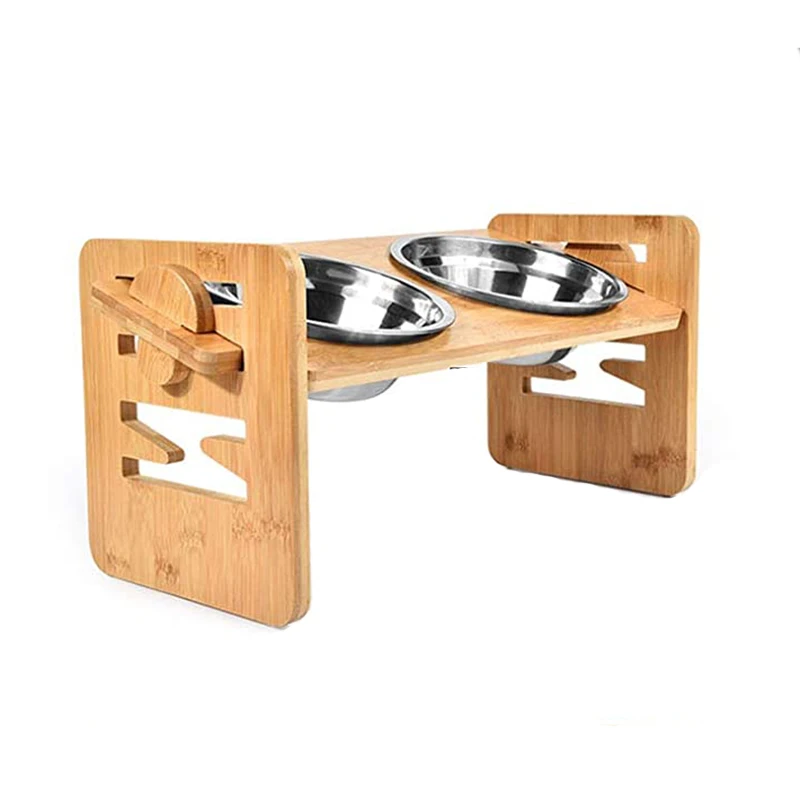 Bamboo Elevated Dog Cat Food and Water Bowls Stand Raised Pet Bowls for Cats and Small Dogs Include 2 Stainless Steel Bowls