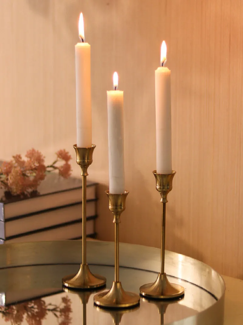 Antique Minimalist Brass Long Stemmed Tapered Candle Holder Stick Set Holders Decorative Gold