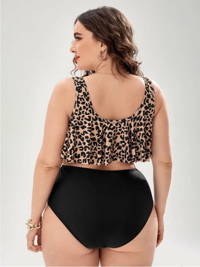 Eco Friendly Recycled Nylon Swimwear Plus Size Women Leopard Printed Ruffle Top High Waist Bottom Bathing Suit