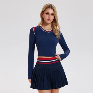 Gym Sports Shirt Crew Collar Long Sleeve Fitness Yoga Tennis Tops with Back Splicing Mesh for Women