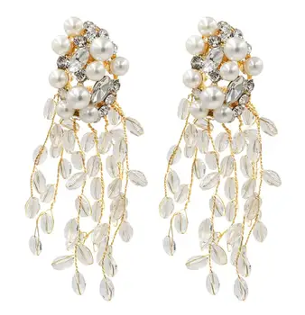 Crystal Pearl Flower Tassel Earrings Handmade Black Clear Beaded Drop Dangle Women Wedding Jewelry