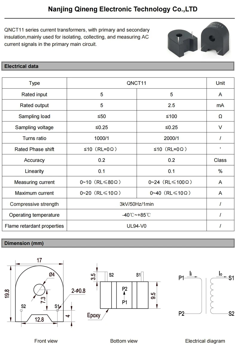 Pcb Mount Current Transformer CT QNCT02 10A/10mA 50A 25mA 10A/5mA 20A/20mA Small Current Transducer AC Precision Current Sensor