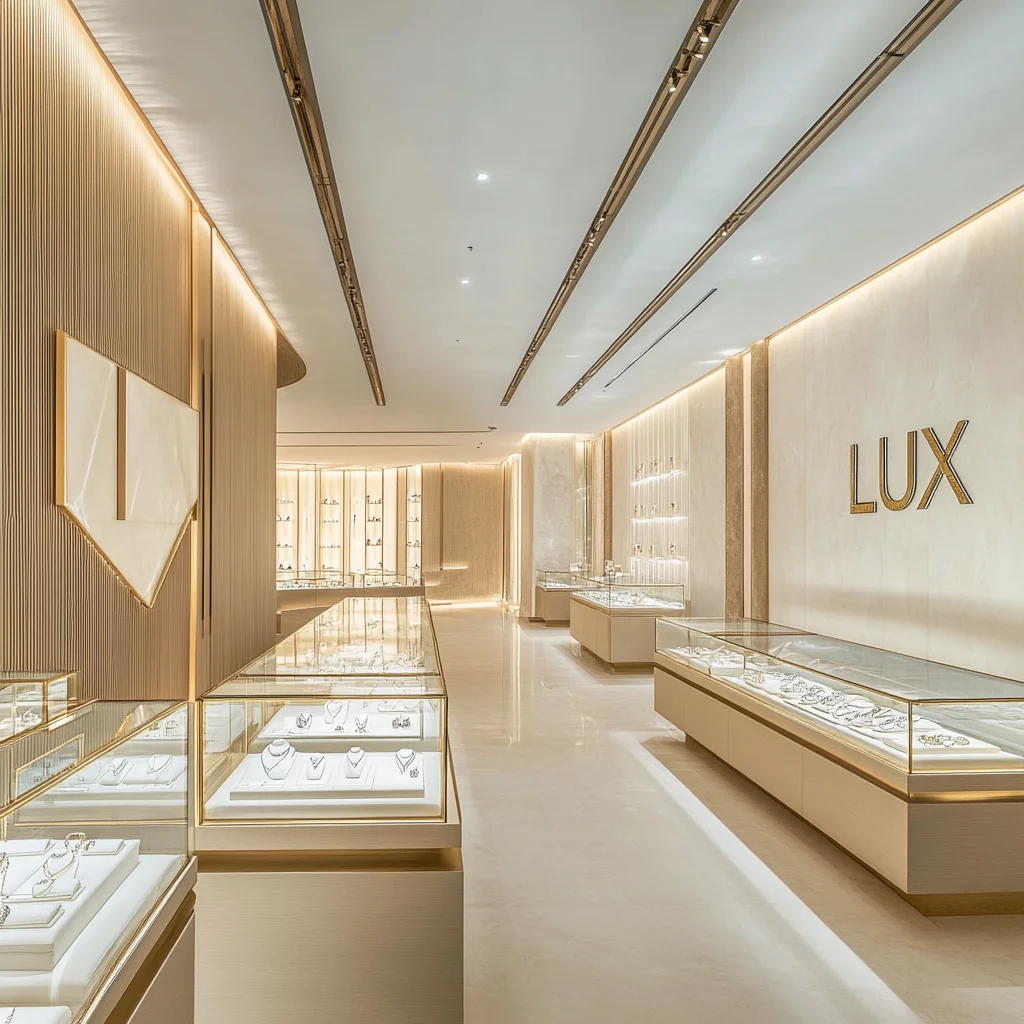 LUX Custom Modern Dubai Jewellery Display High Quality Wood Jewelry Display Showcase Shop Interior Decor Design