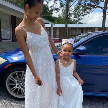 2021 family matching parent-child dress halter sleeveless dress back mother and daughter matching feathered chiffon dress