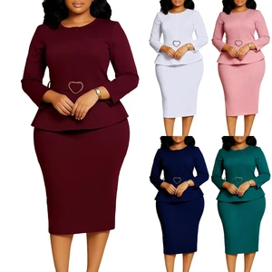 D599 Fashion Autumn Dresses Women Casual Elegant Long Sleeve O-neck Office Dresses Women Formal African Dress Work With Belt