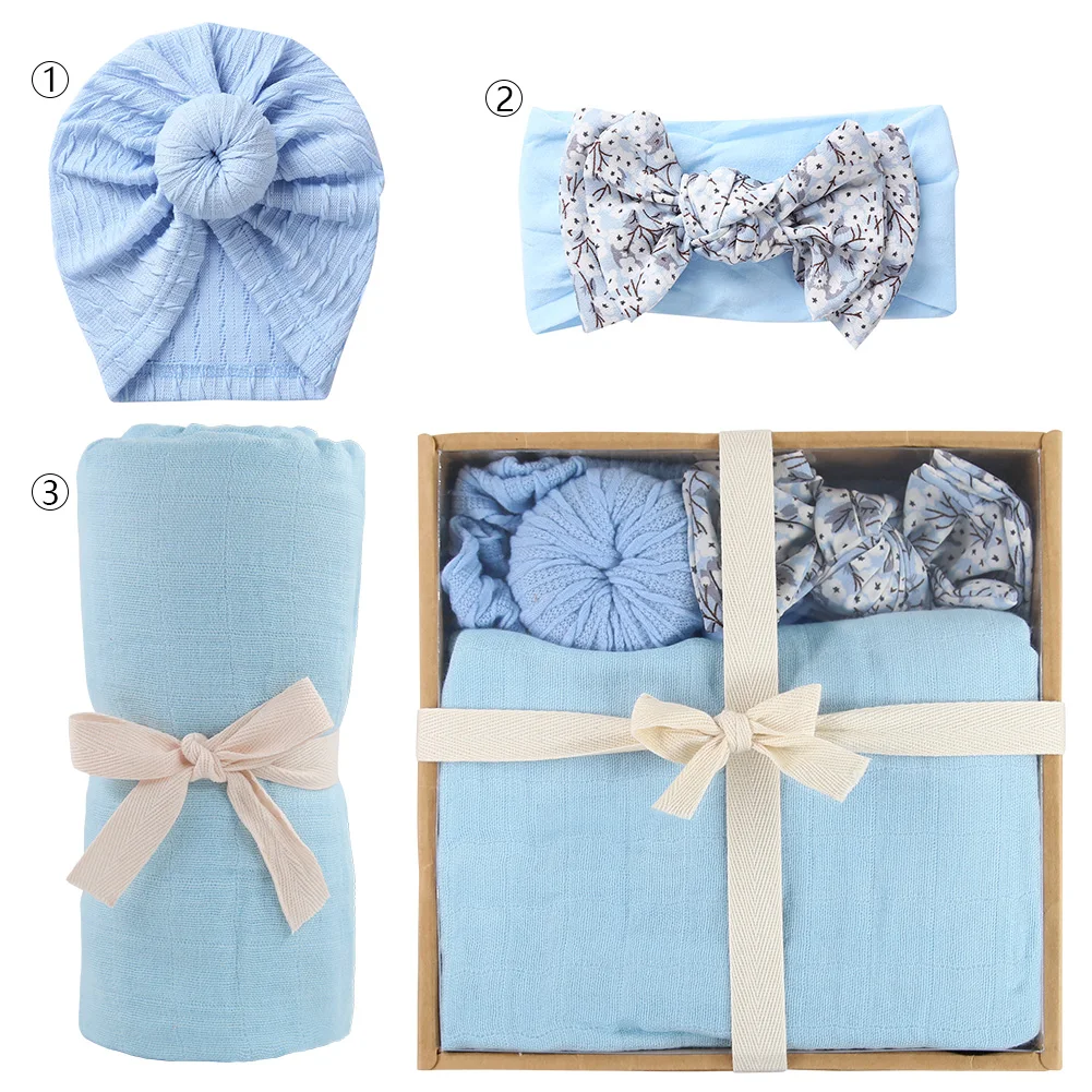 3pcs Bamboo Cotton Swaddle Nylon Headband Knit Cap Baby Receiving