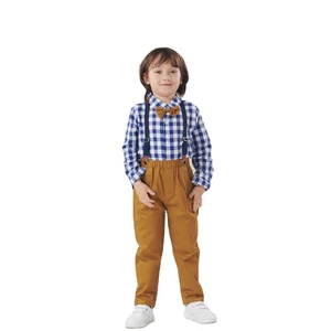 Custom Boys Springs Autumn Kids Long Sleeve Plaid Bowtie Tops Suspender Pants Casual Toddler Boy Clothing Sets