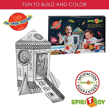 Mini Rocket Ship Cardboard Playhouse for Kids to Color  Create Your Own Indoor Fort, Life Size, Foldable for Easy Storage