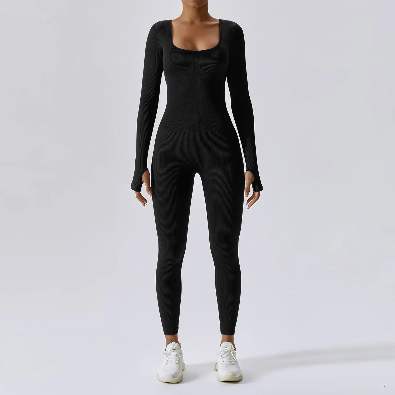 05 Custom Logo Solid Nude Color Fashion Women Outfit V Neck Casual Bodycon One Piece Long Sleeve Yoga Jumpsuit