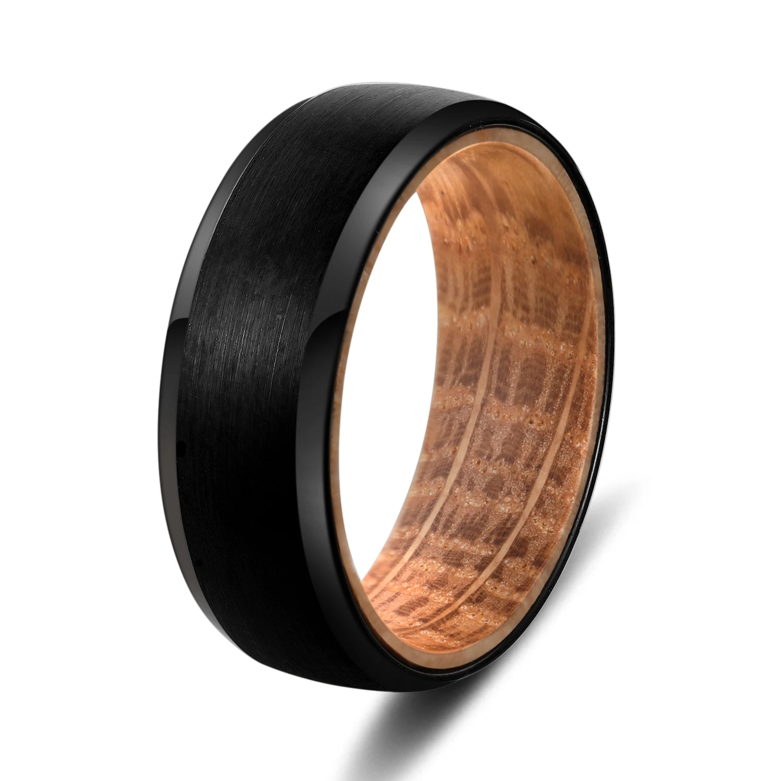 Poya 8mm Plain Beveled Hammered Brushed Domed Grooved Sandblasted Whiskey Barrel Wood Liner Silver Black Tungsten Carbide Rings