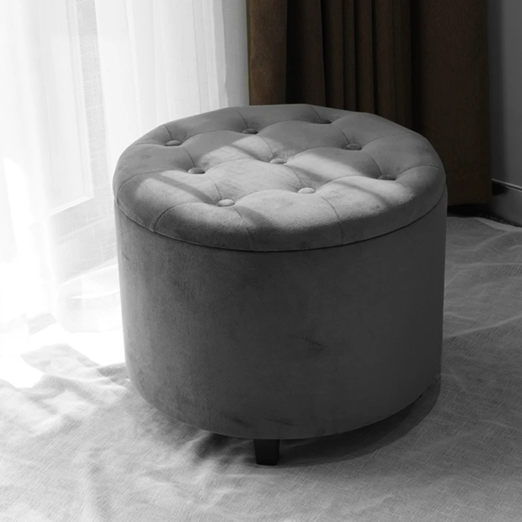 Customized Velvet Round Shape Foot Stool Ottoman Pouf with Wooden Legs