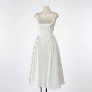 Custom Elegant Sleeveless Satin Midi Dress for Women, Solid Color Party Evening Gown