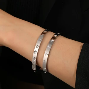 Custom Unisex Zircon 24K Gold Plated Stainless Steel Fadeless Fashion Bangles for Couples-Anniversary Occasion