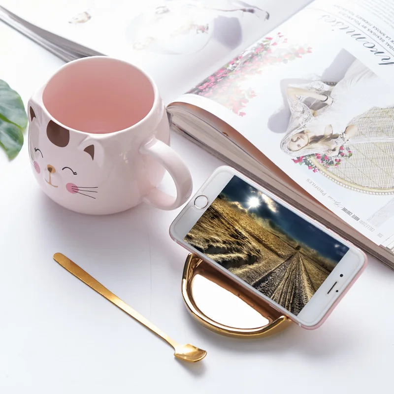 Creative Crown Cute Cat with Lid and Spoon Coffee Cup High Temperature Ceramic Mug