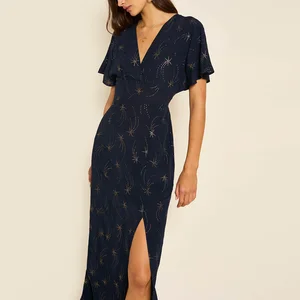 Clothing Factory Women's Hot Selling v Neck High Split Long Dresses Women Jacquard Elegant Floral Dress