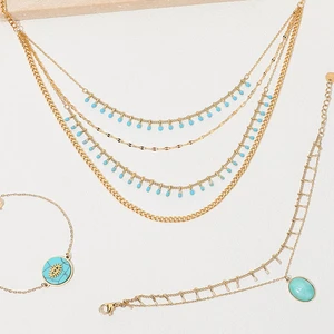 2026 New Design Blue Eye Charms Bracelet Stainless Steel Wholesale Necklace Three Layers Necklace Gold Plated Jewelry Set