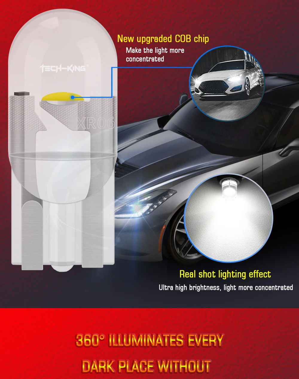 TECH-KING Newest 12V 24V W5W Led T10 Car Light COB Glass 6000K White Yellow Auto License Plate Lamp Dome Light Reading DRL Bulb