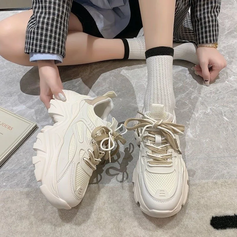 2025 Trendy Chunky Mesh Thick Soled Women's Shoes White Breathable Height  Increasing Sports Shoes for Women