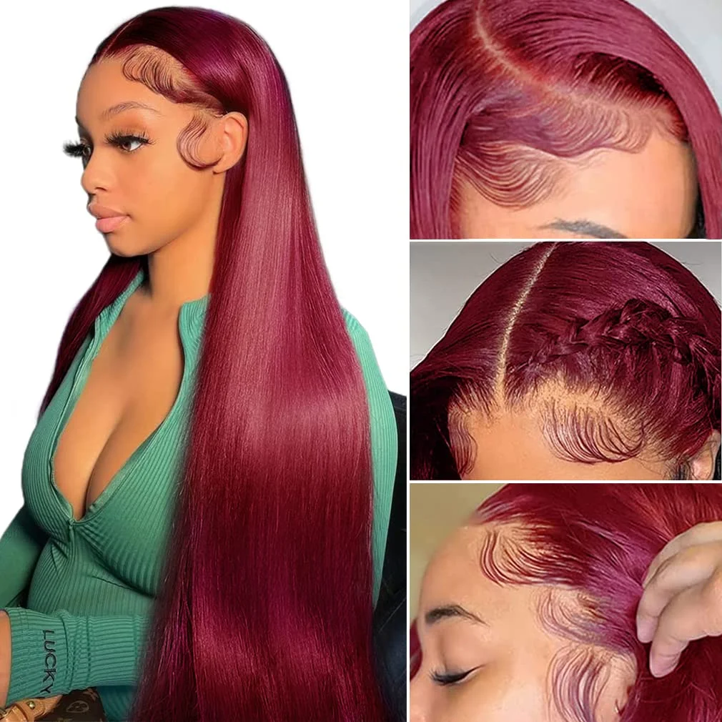 40 Inches Red Color Silky Straight Cuticle Aligned Human Hair Lace Frontal Wigs With Baby Hair
