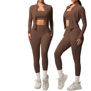 Women's Active Wear Gym Yoga Run Workout Sportswear Fitness 3PCS Clothing Sets Long Sleeve Tops Zipper Jacket High Solid Front