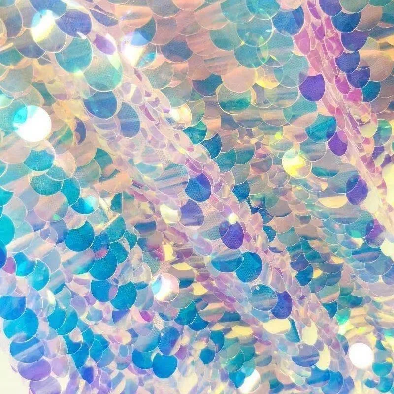 RTS 18mm Rainbow Spangle Iridescent Large Reversible Embroidery Sequin Fabric for Evening Dress