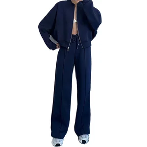 2025 Custom Logo Zipper up Tracksuits European American Women's Autumn Winter Solid Color Hoodie Set Casual Loose Streetwear