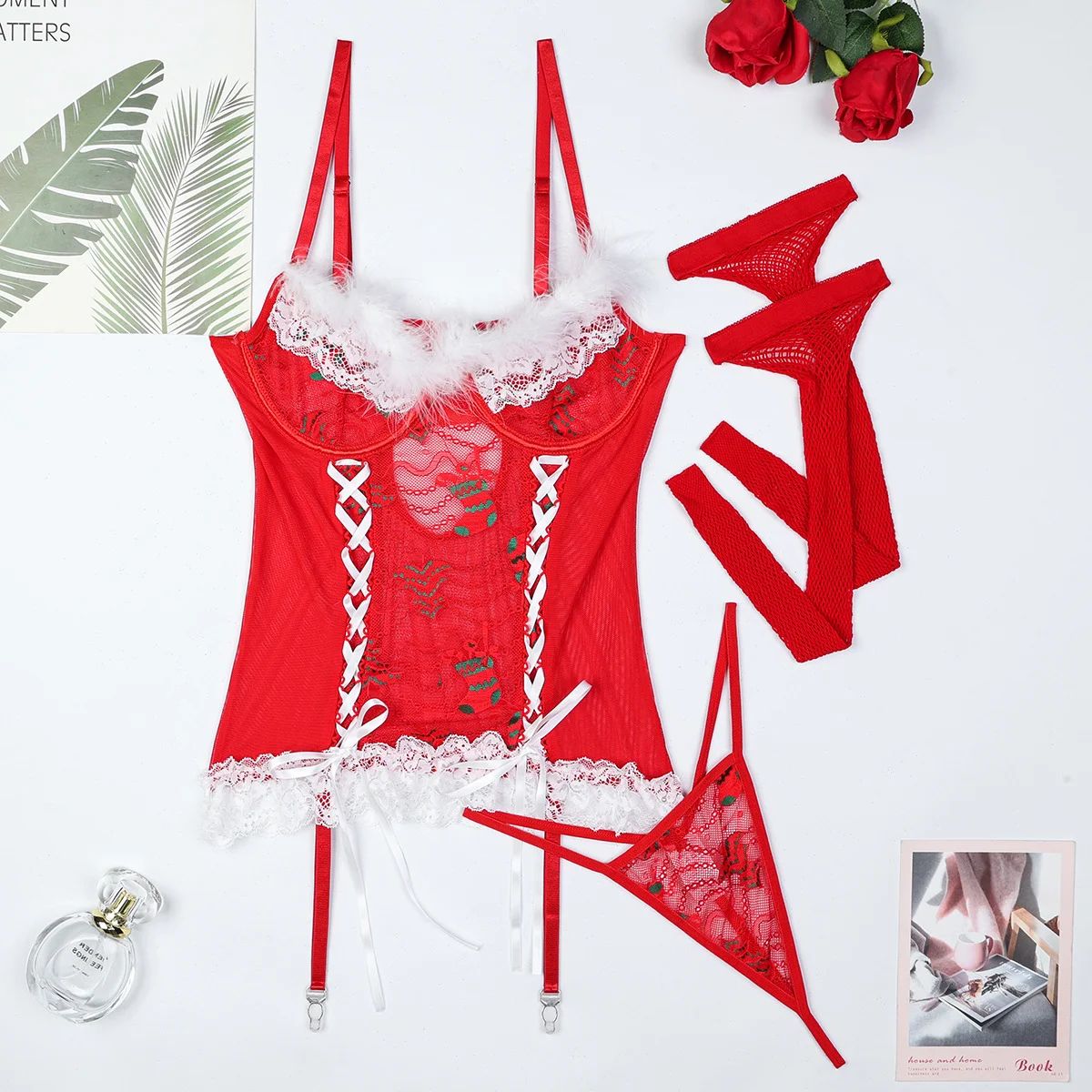 Sexy 3 Lingerie Sets - Open Crotch Neon Nighty with Garter Belt