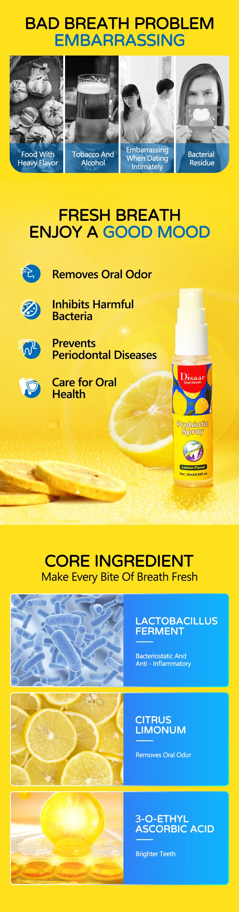 20ml Probiotic Fresh Breath Spray Lemon Flavor Outdoor Perfume Breath
