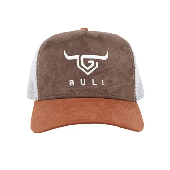 Tcap China 5 Panel Faux Leather Denim Faux Curved Forehead Mesh Hat