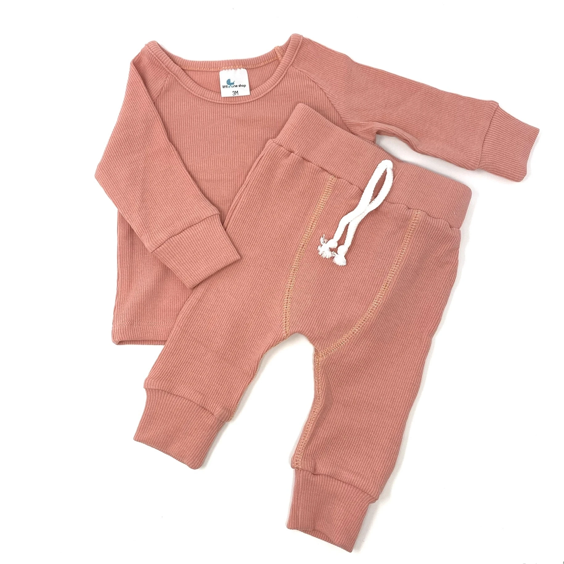 Высококачественный бамбуковый ребристый детский комплект одежды, длинные ребристые джоггеры с длинным рукавом, подходящие наряды с лентой на талии