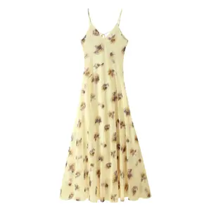 Explosions Cross-border European and American Women's Summer Sweet Vintage Casual Woven Printed Large Swing Sling Long Dress