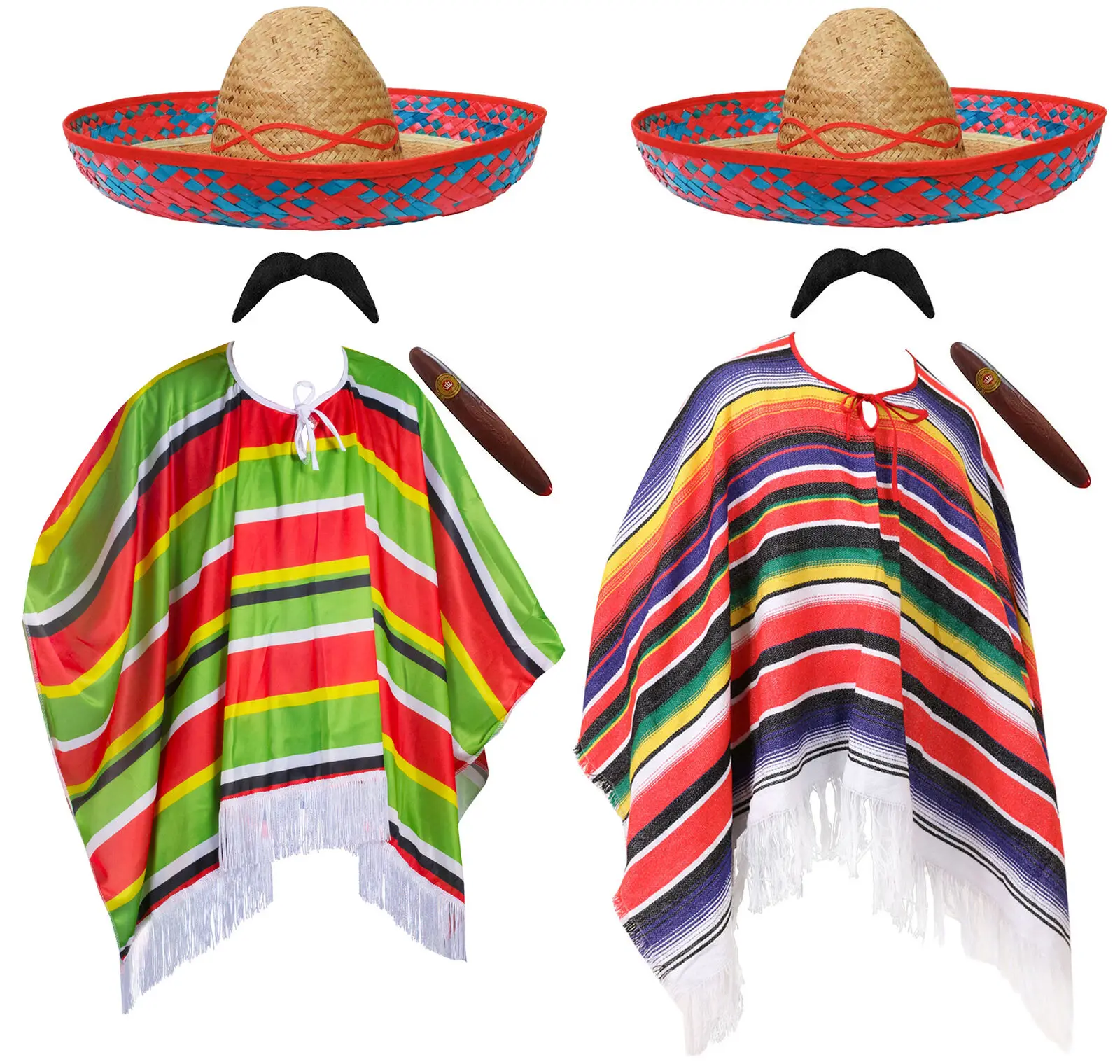 MEXICAN MAN COSTUME SOMBRERO PONCHO TASH CIGAR WESTERN ADULTS FANCY DRESS PARTY 