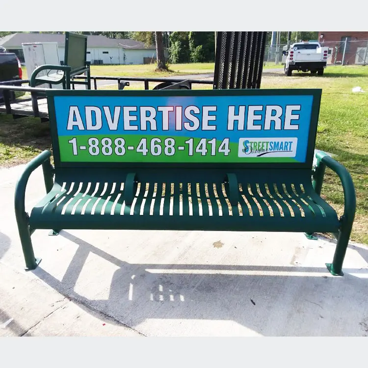 Outdoor Steel Advertising Bench with Armrest Urban Street Ad. Bench Outside Seats Metal 3 Seater Long Chair with Backrest