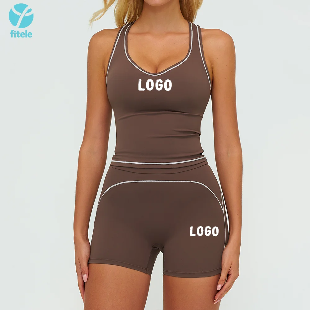 Fitele Custom High Quality Sportswear Color-Blocked Tight Yoga Clothes Gym Activewear Suit Women Running Fitness Shorts Yoga Set