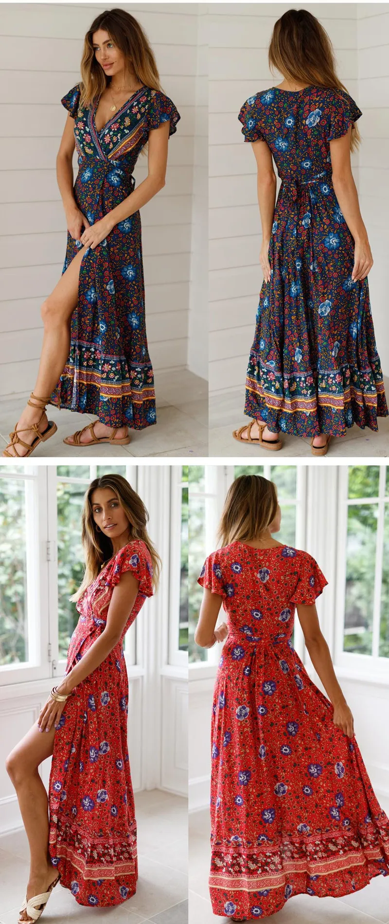 Looking up chic women bohemian casual maxi beach dress