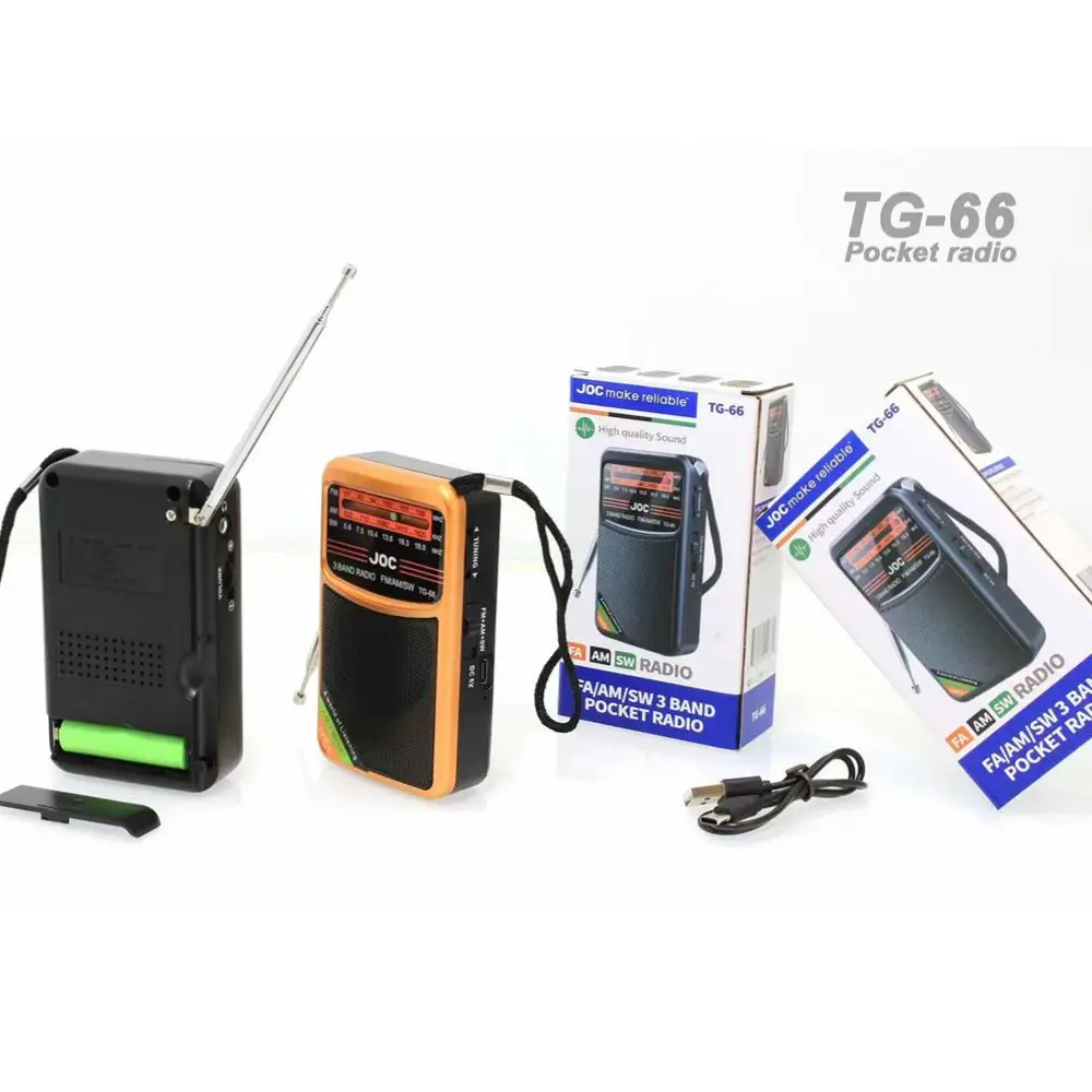 高感度 JOC TG-66ミニポケットラジオ、AM/FM/SW、充電式バッテリー付き