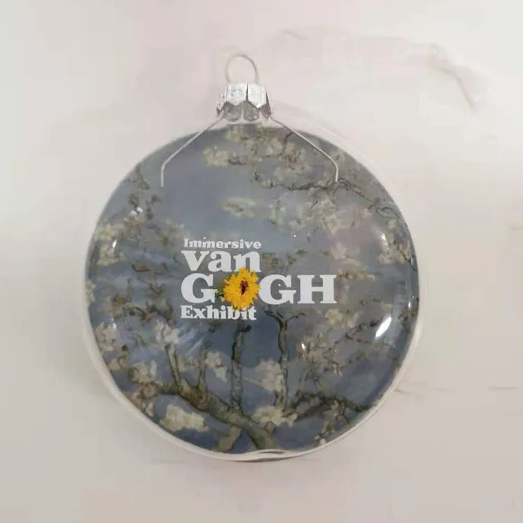 Custom 80mm 100mm 120mm 150mm white flat clear glass disc decal van gogh ball decoration christmas tree hanging baubles ornament manufacture