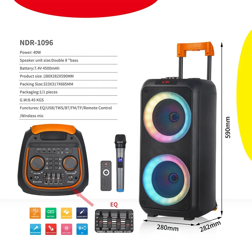 NDR-1096 Partybox TWS Speaker Pesta Portabel, Speaker Pesta Dapat Diisi  Ulang Nirkabel, Karaoke Troli Ganda Inci