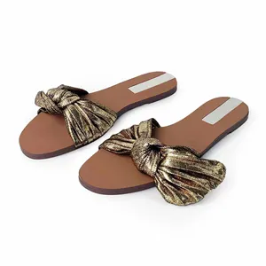 Custom Golden Silk Shiny Bow Designer Shoes Sandal for Women and Ladies Flat Slipper Shoes Luxury Femmes Fashion