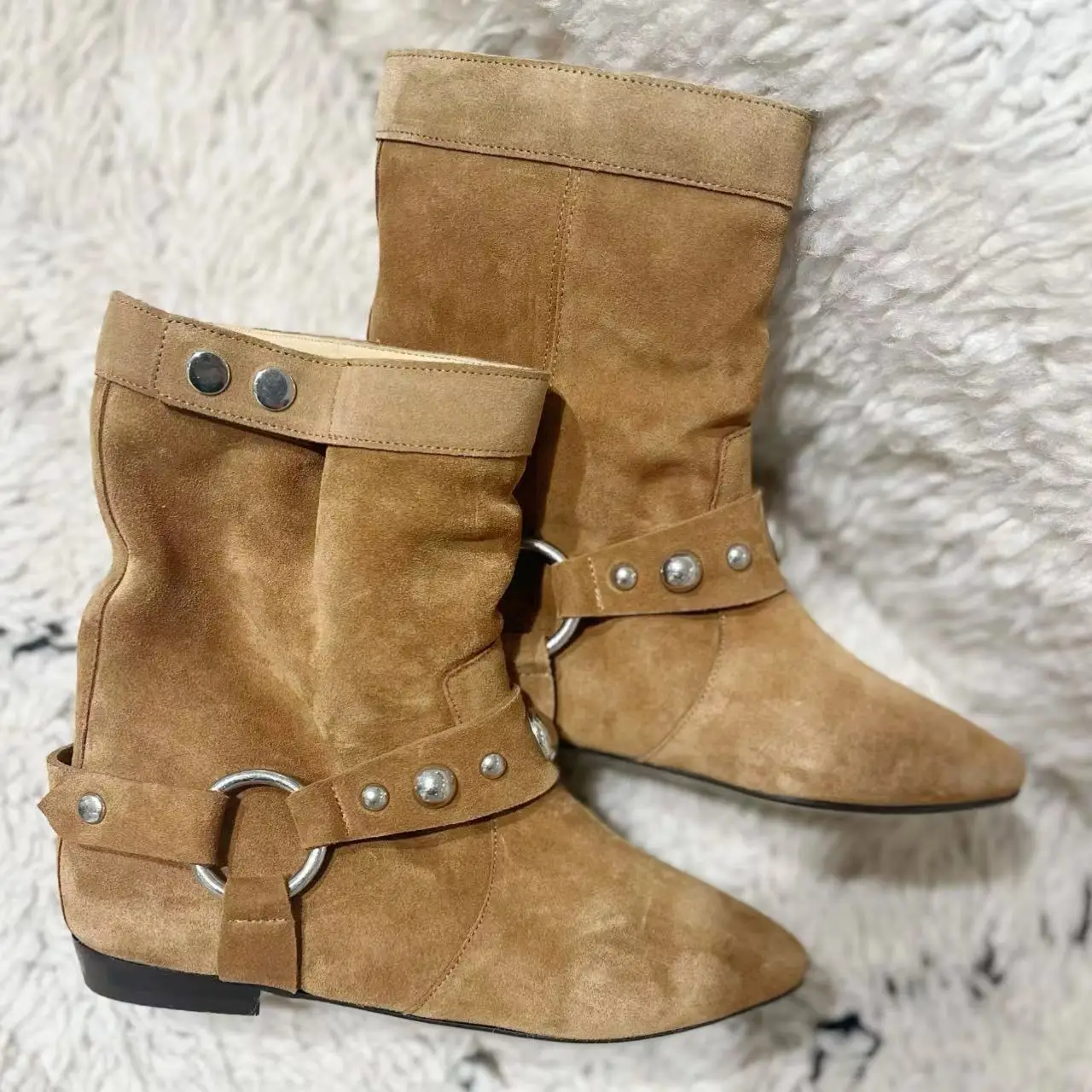 New Suede Leather Metal Ring Pointed Toe Snow Boots Western Cowboy Ankle Boots Women Flat Short Boots - Image 5