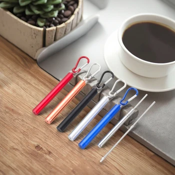 Sales Telescopic Straw Aluminum Tube Portable Three-Section Folding Stainless Steel Metal Straws for  Ice Bucket Cup&Sample Free