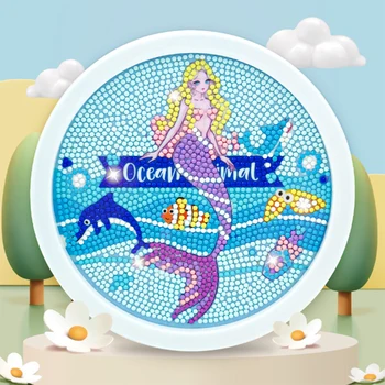 Mermaid Themed Full Drill Diamond Art Painting Kit Modern Kids Round Framed Diamond Painting with Glass and Plastic Material