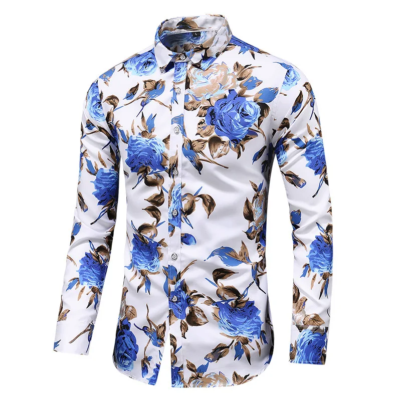 European size men's fashion printing long-sleeved shirt plus size men's rose casual shirt fashion shirts