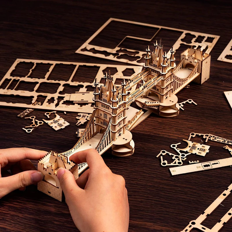 Robotime Rolife Wood Crafts DIY Educational Toys TG412 Wooden Tower Bridge Model 3D Puzzles for Adults
