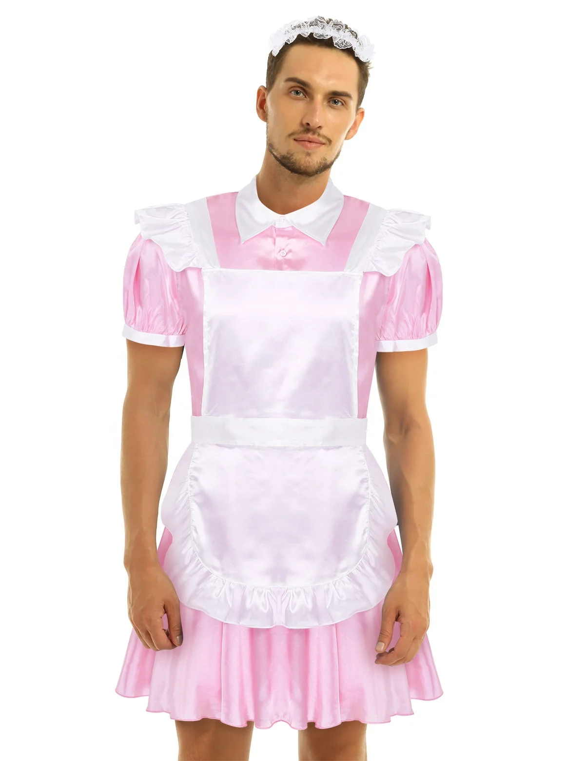 Sissy Mens Dress Maid Cosplay Costume Puff Sleeve Front Button Down Dress  with Apron and Headband for Halloween| Alibaba.com